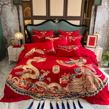Luxury Red Gold Dragon Egyptian Cotton Embroidery Wedding 9Pcs Bedding Set